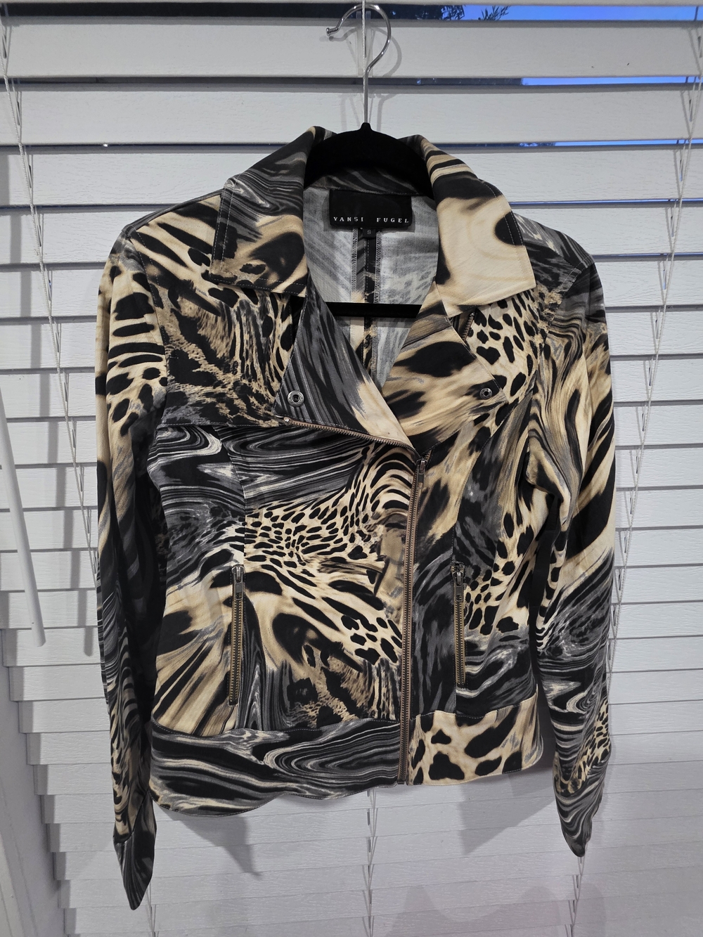 Yansi Fugel Beige, Black & Gray Animal-Print Leather Jacket